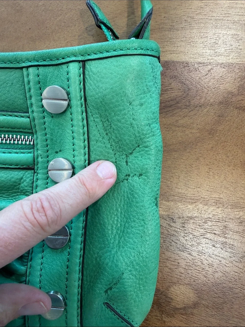 b. makowsky Green Leather Crossbody Bag with Silver Studs